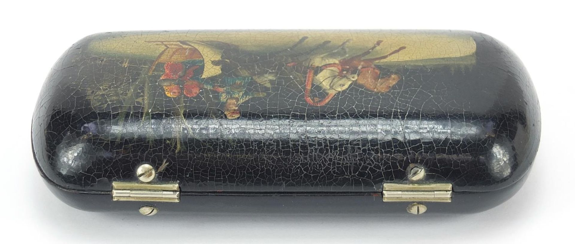 Russian black lacquered papier mache cigarette case hand painted with a Troika, 14cm wide - Image 4 of 5