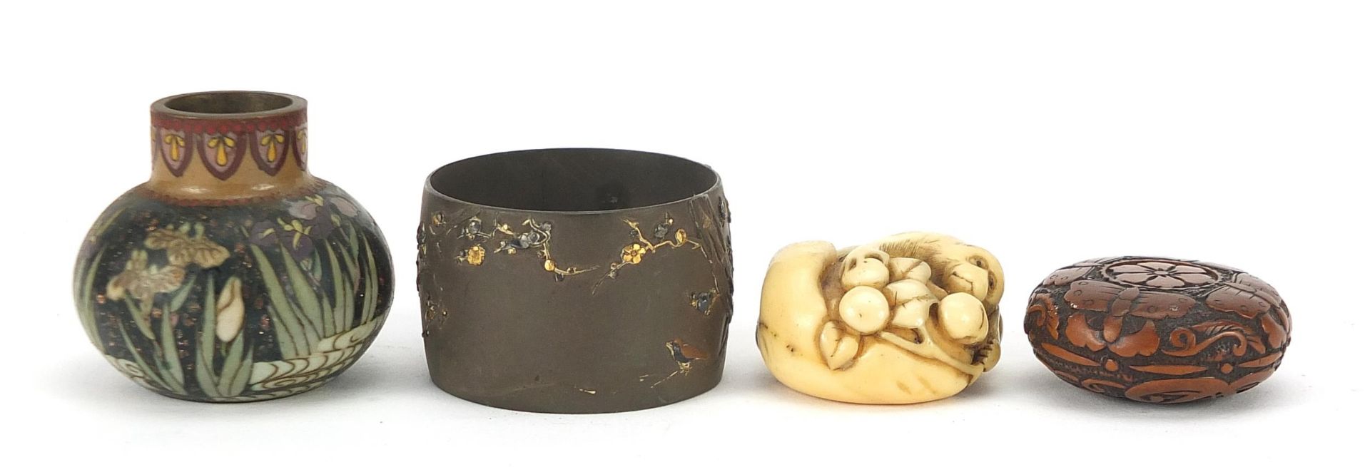 Japanese objects including an ivory toggle, mixed metal napkin ring and cloisonne vase, the - Image 4 of 6