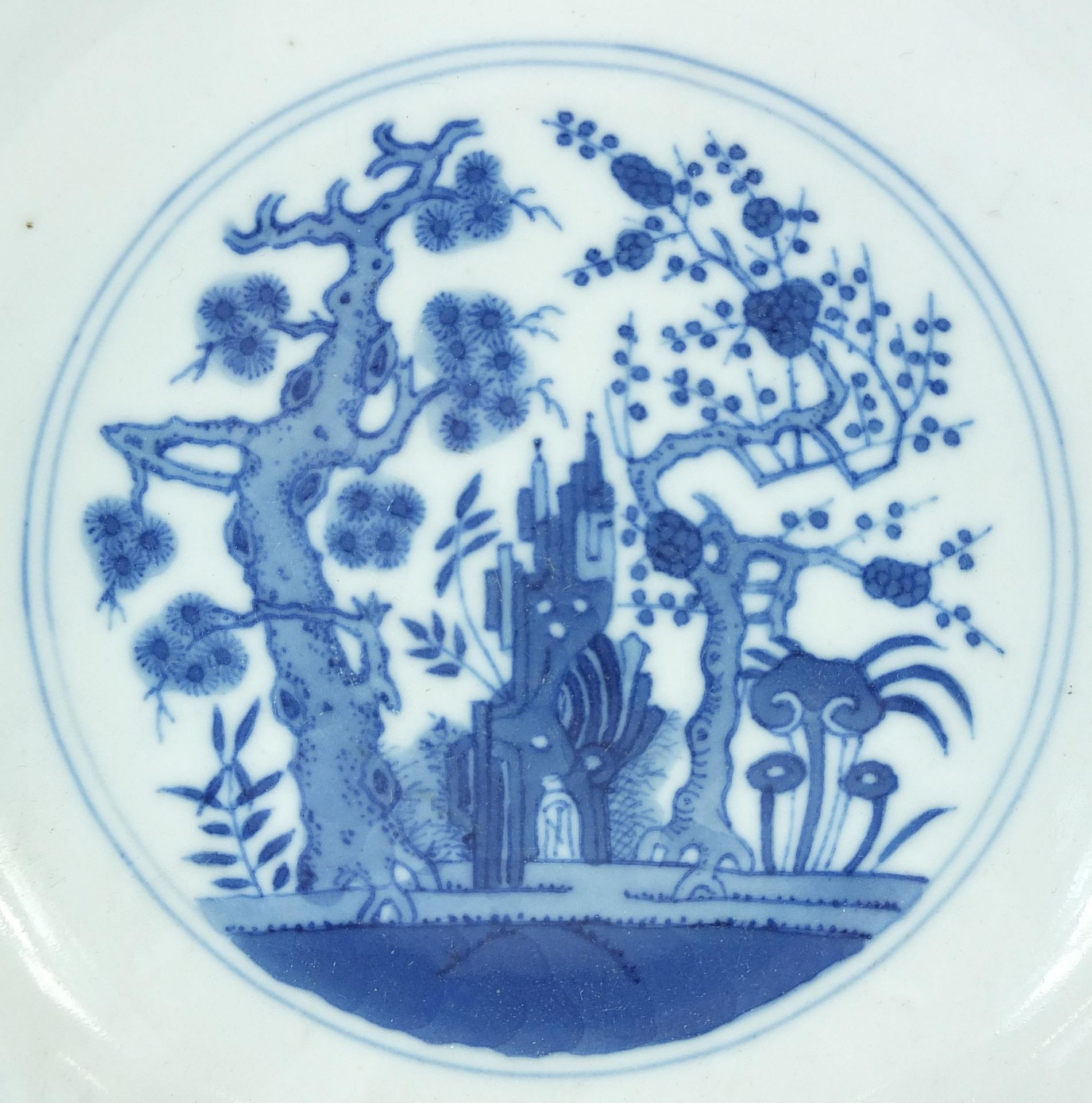 Chinese blue and white porcelain dish hand painted with flowers and figures in a palace setting, six - Image 2 of 10