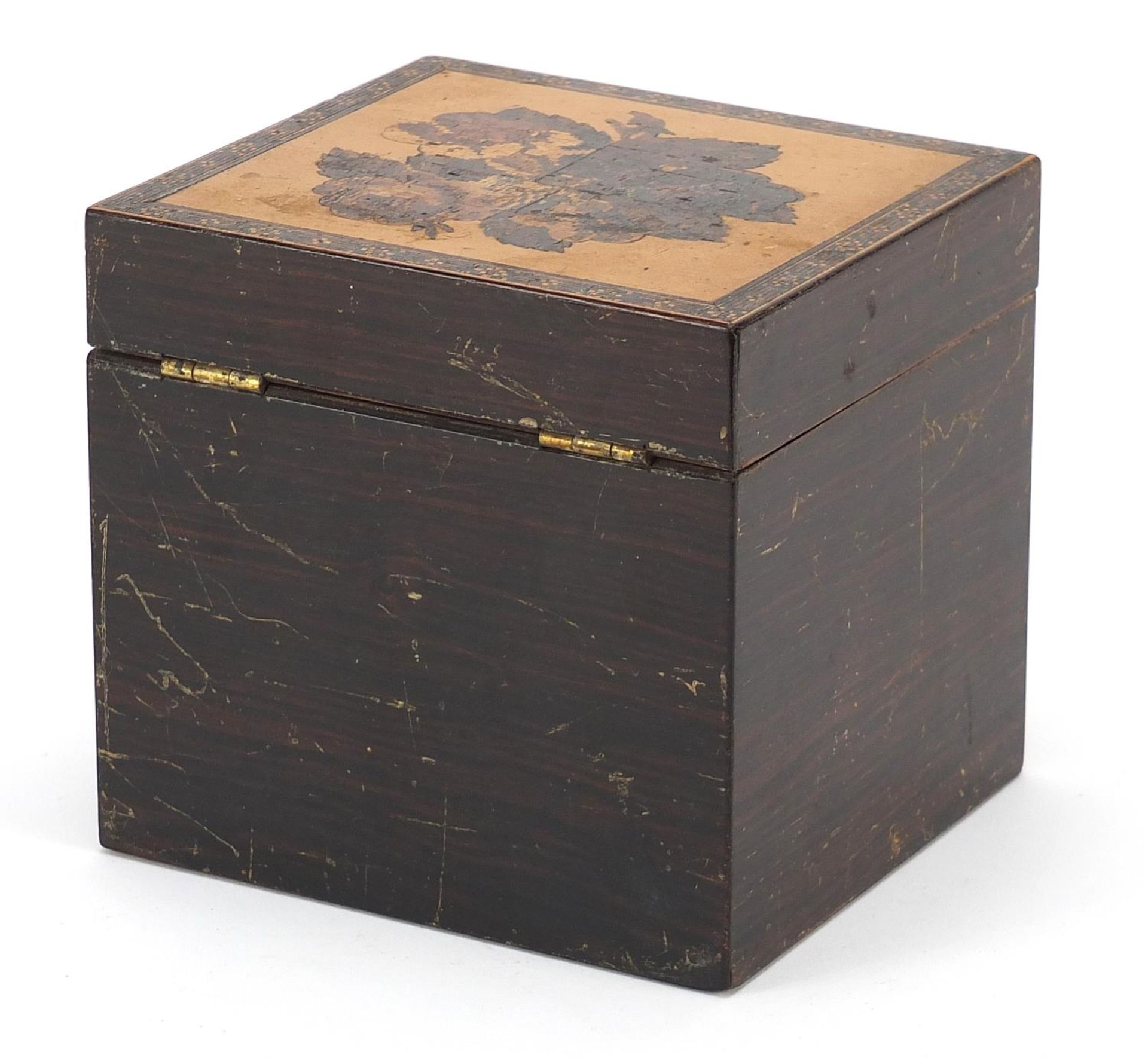 Victorian Tunbridge ware rosewood tea caddy with hinged lid having a floral inlay, 12cm H x 12cm W x - Image 3 of 4