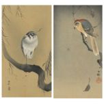 Birds of paradise, pair of Japanese watercolours with character marks and red seal marks, mounted