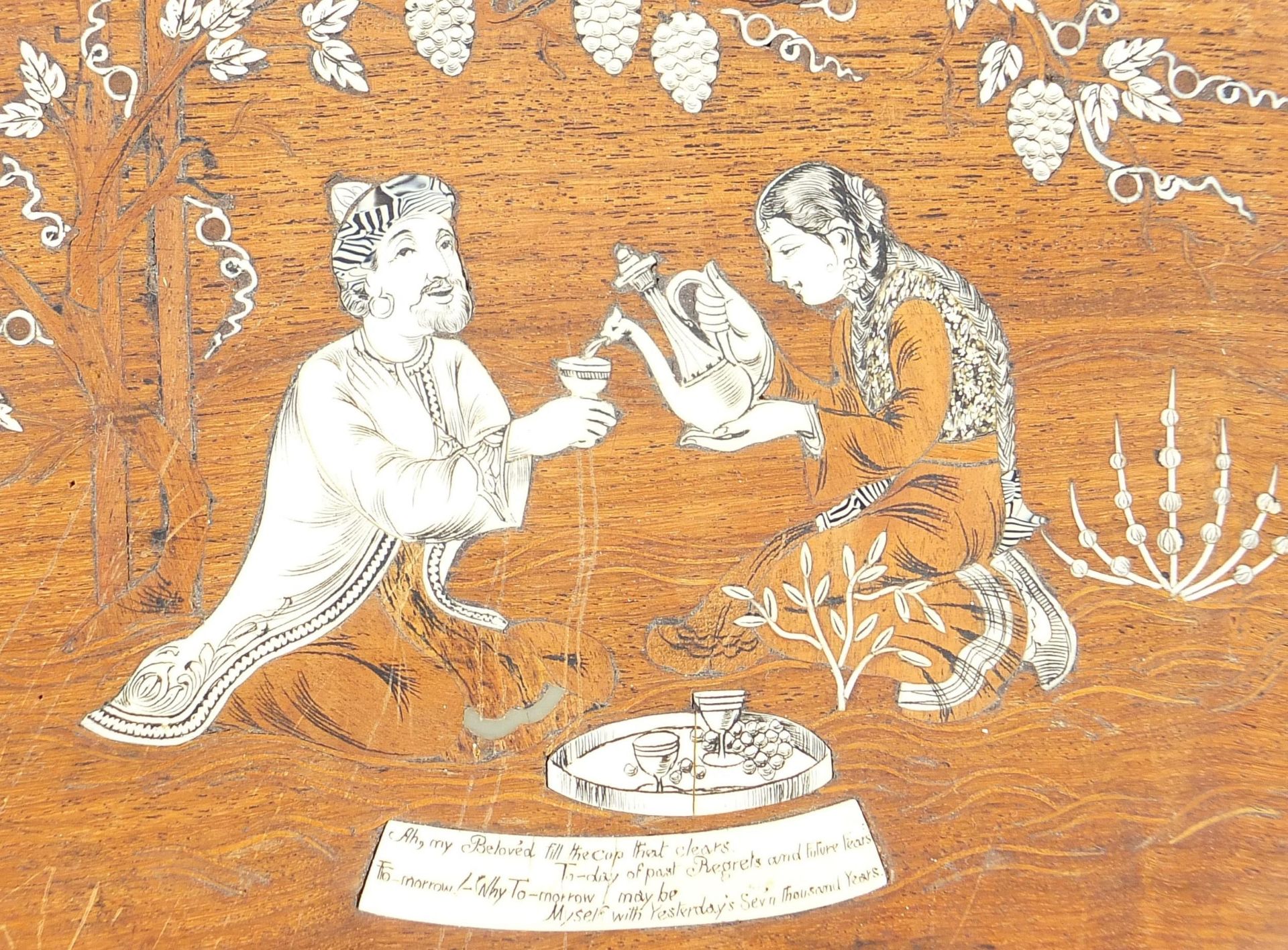 Indian rosewood plaque with ivory inlay of a man and woman drinking tea, 29cm x 21cm - Image 2 of 3