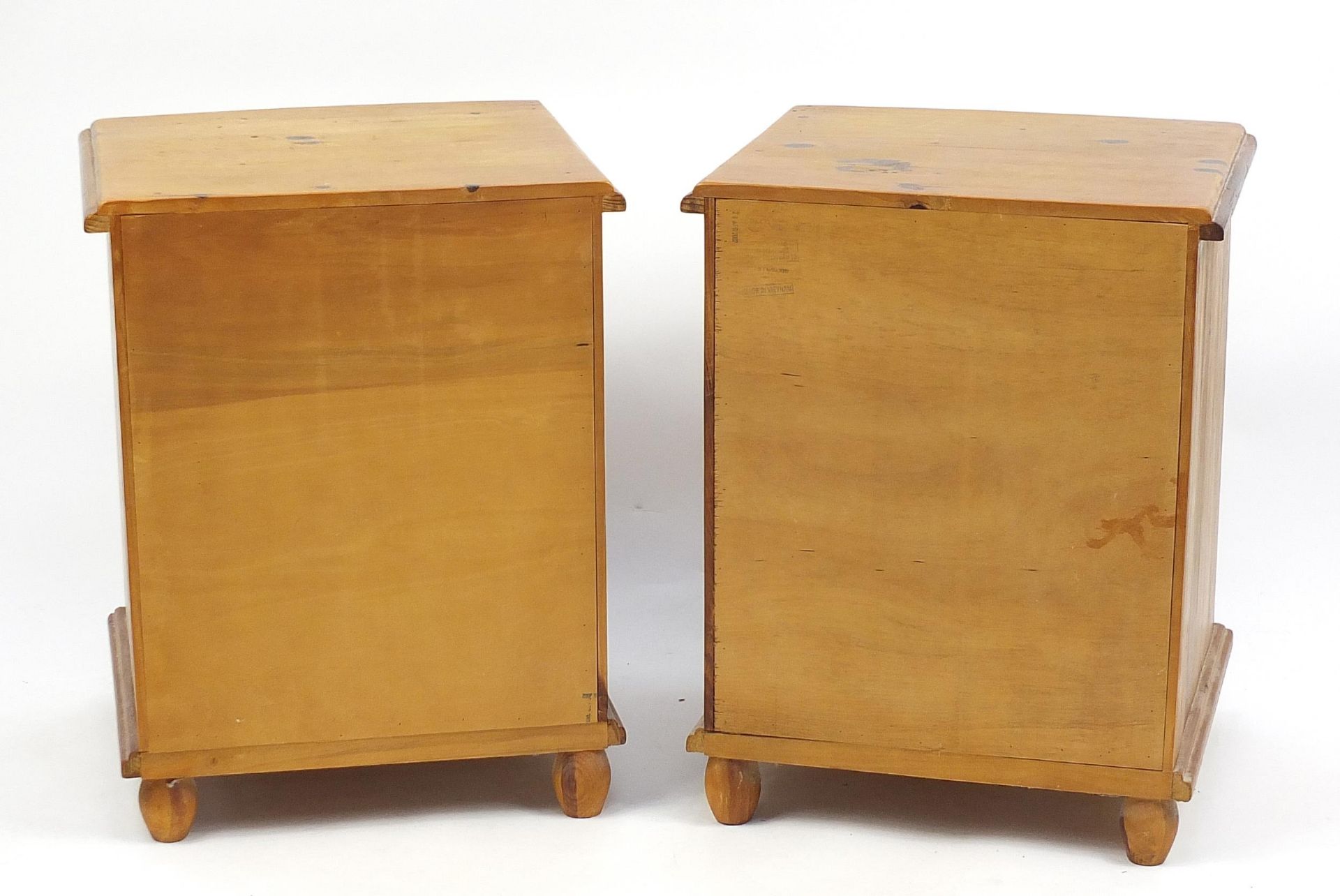 Pair of Mexican pine three drawer bedside chests with iron handles, 68cm H x 52cm W x 49cm D - Image 3 of 4