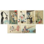 Seven Japanese woodblock prints, some with character marks and red seal marks including dancing girl