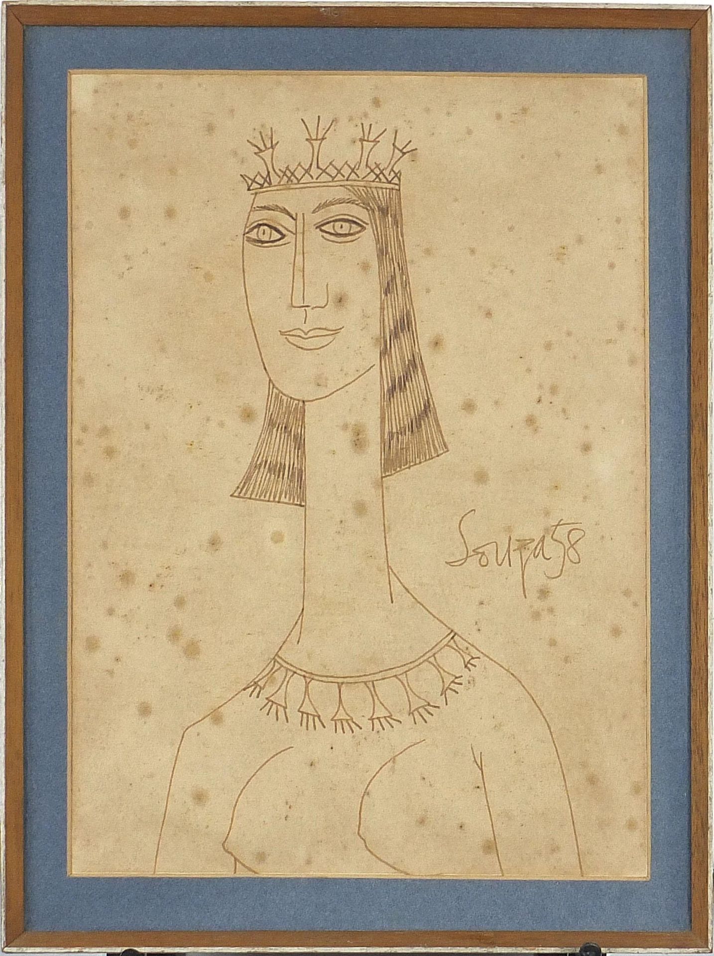 Francis Newton Souza - Head and shoulders portrait of a nude female wearing a crown, ink, mounted, - Image 2 of 4