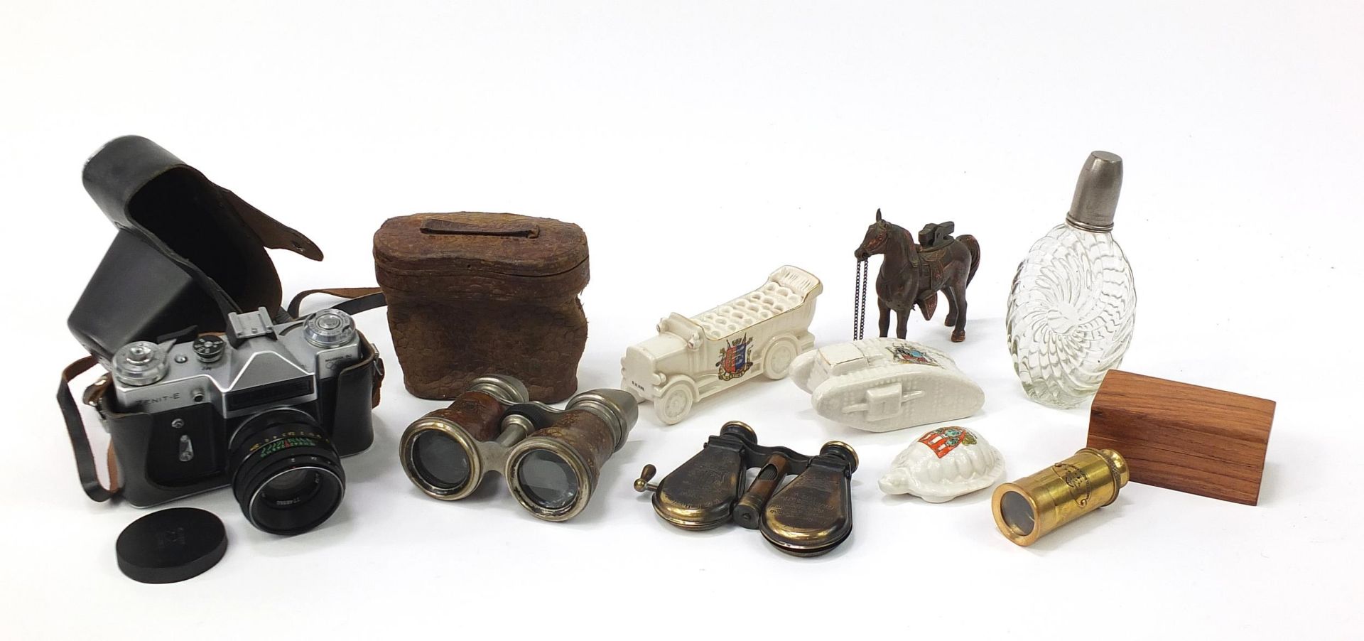 Objects to include a cased Zenith E camera, binoculars, opera glasses, crested ware and novelty