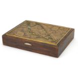 Brass fronted French box showing Paris with the Seine and buildings, 23cm x 18cm