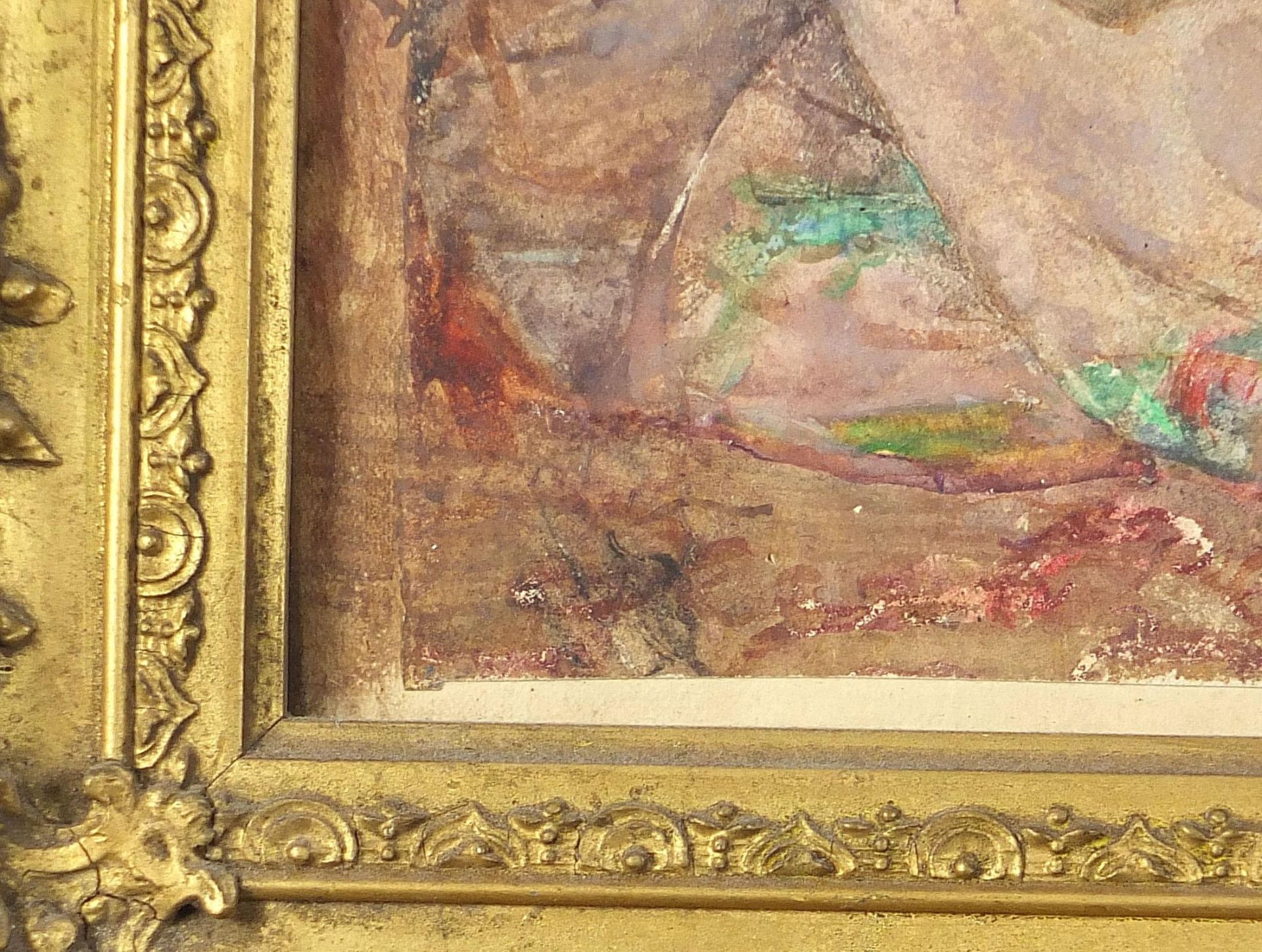Seated lady in an interior beside a globe, Pre-Raphaelite watercolour, mounted, framed and glazed, - Image 3 of 4