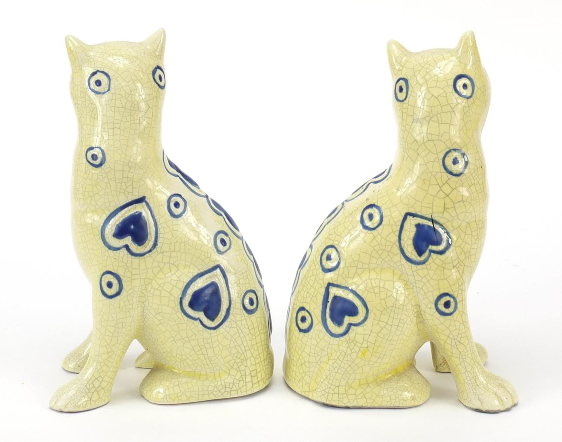 Two Galle style pottery cats with glass eyes, 14cm high - Image 2 of 3