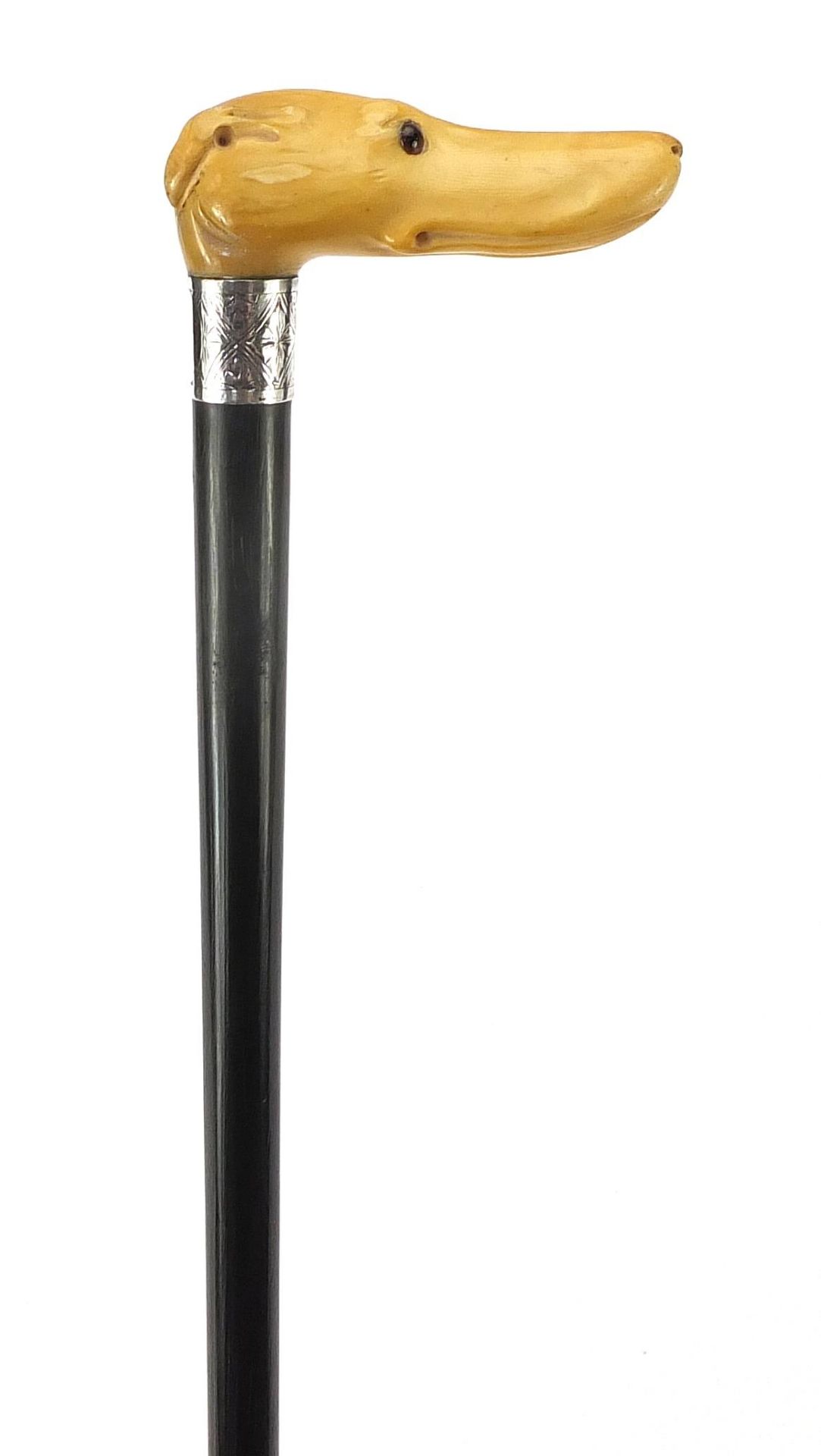 Ebony walking stick with carved ivory pommel in the form of a dog's head with glass eyes, 89cm in - Image 2 of 7