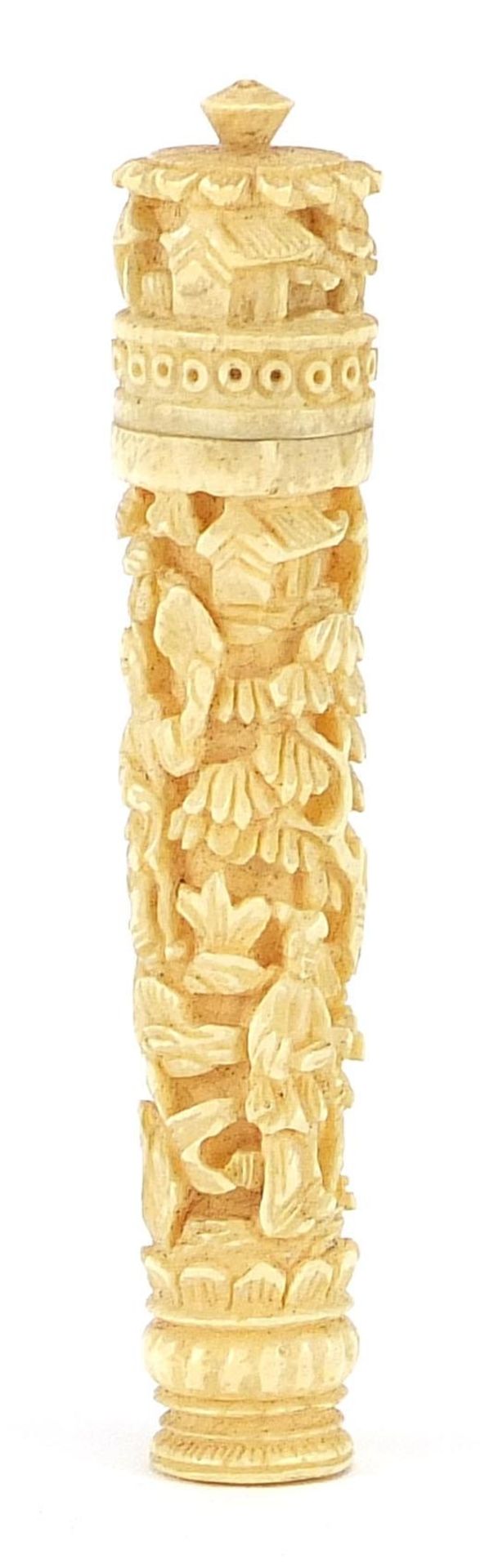 Chinese carved ivory needle case carved with figures amongst foliage and trees, housed in a - Image 2 of 9