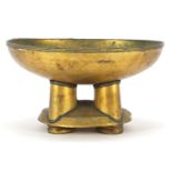 African tribal interest gilt metal pedestal bowl with four columns, 11.5cm high x 21.5cm in diameter