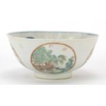 Chinese porcelain bowl hand painted in the famille rose palette with panels of figures, birds and