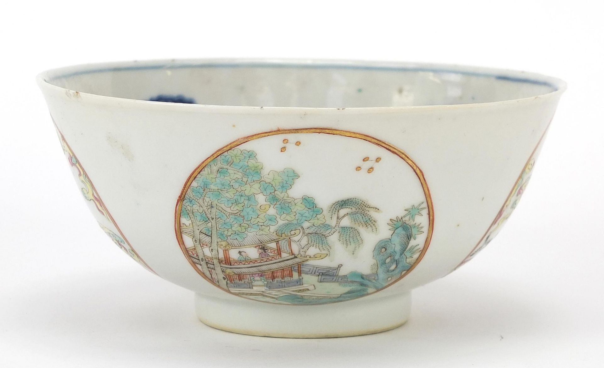 Chinese porcelain bowl hand painted in the famille rose palette with panels of figures, birds and