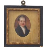 19th century oval hand painted portrait miniature of a gentleman, mounted, framed and glazed, the