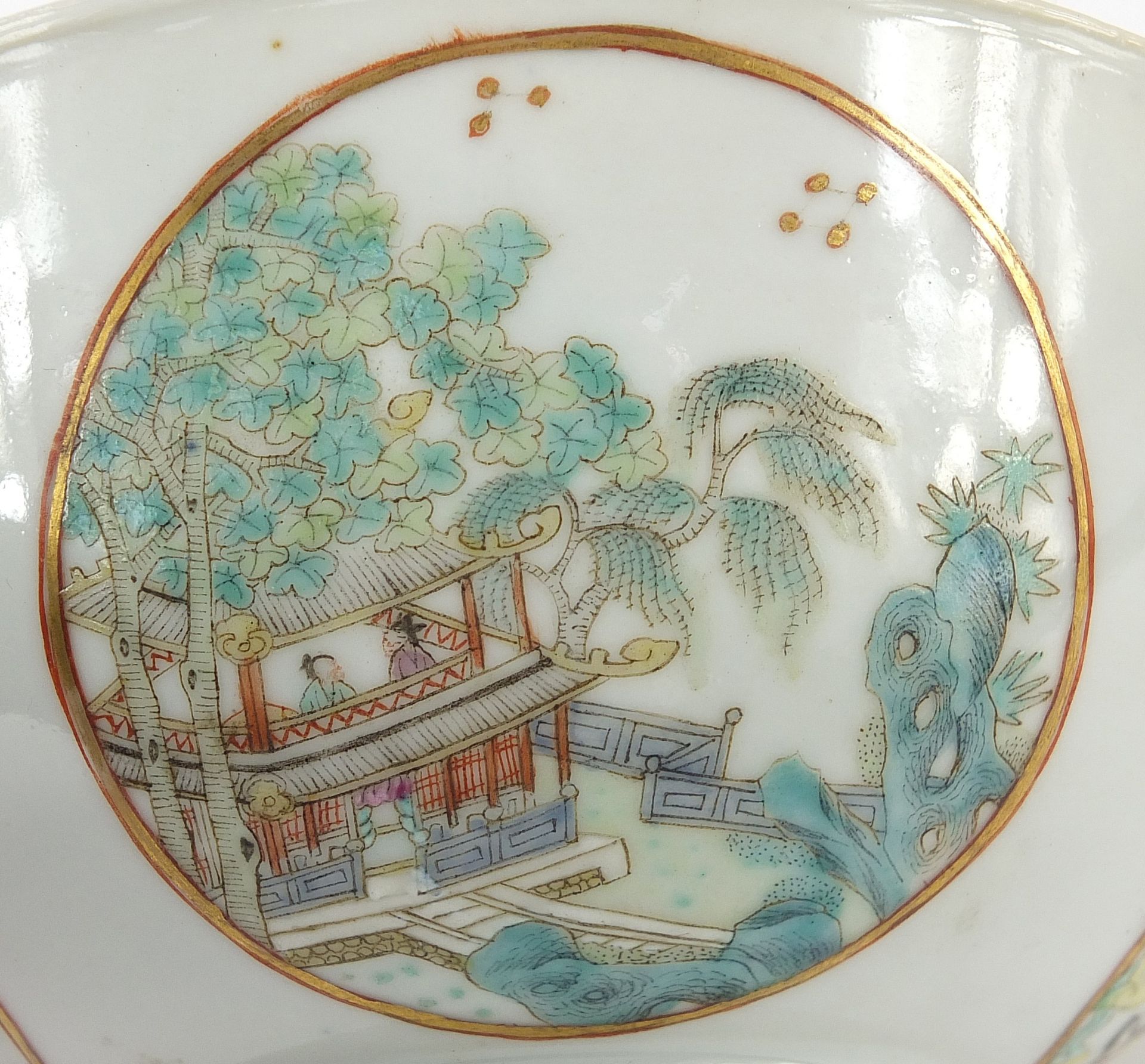 Chinese porcelain bowl hand painted in the famille rose palette with panels of figures, birds and - Image 2 of 13