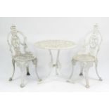 White painted aluminium garden table and two chairs, the table 67cm high x 68cm in diameter