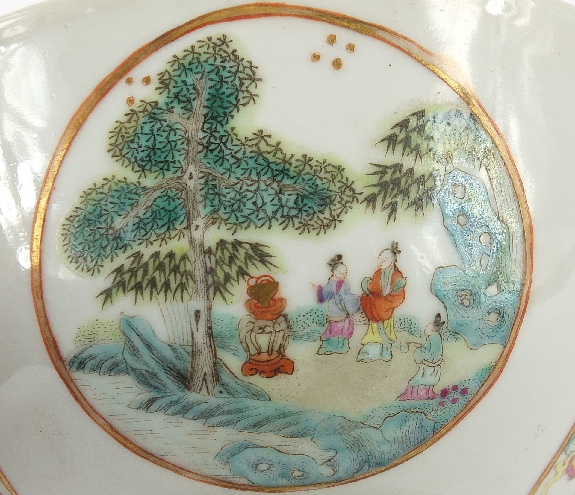 Chinese porcelain bowl hand painted in the famille rose palette with panels of figures, birds and - Image 6 of 13