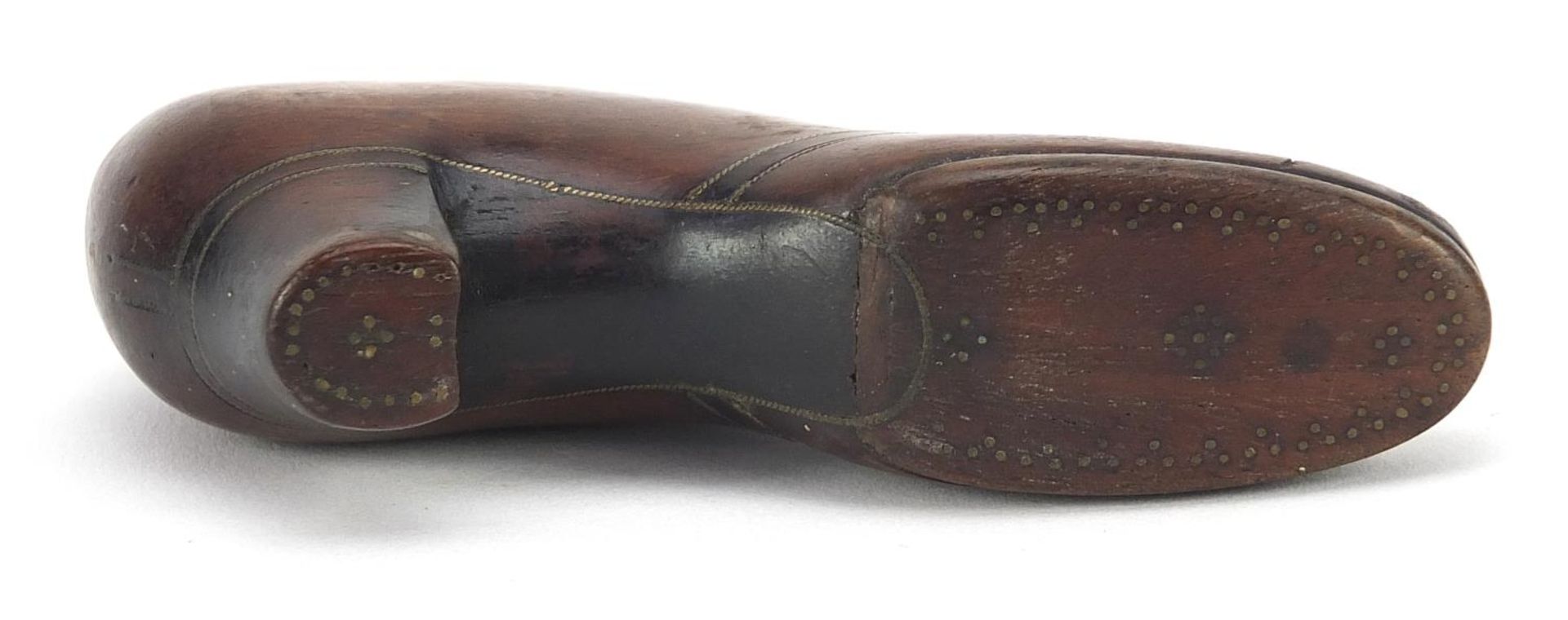 19th century treen stud work snuff box in the form of shoe, dated 1877, 9cm in length - Image 3 of 3