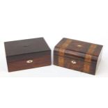 Two Victorian rosewood workboxes including one with marquetry banding, both having mother of pearl