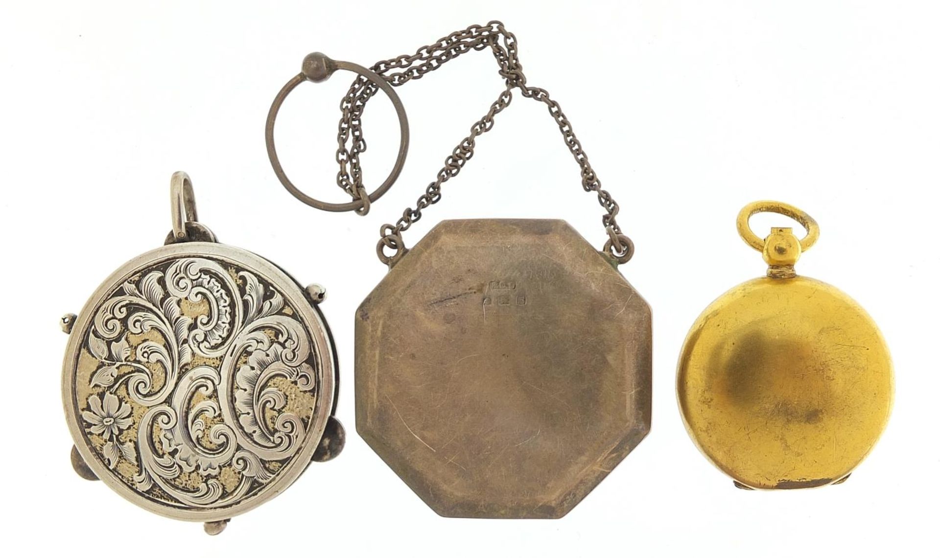 Objects comprising Edwardian silver chatelaine compact, circular silver mirror pendant engraved with - Image 3 of 4