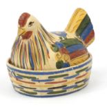 Hand painted pottery egg basket in the form of a hen, 30cm in length