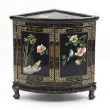 Chinese black lacquered corner cupboard hand painted with birds amongst flowers, 60cm H x 61cm W x