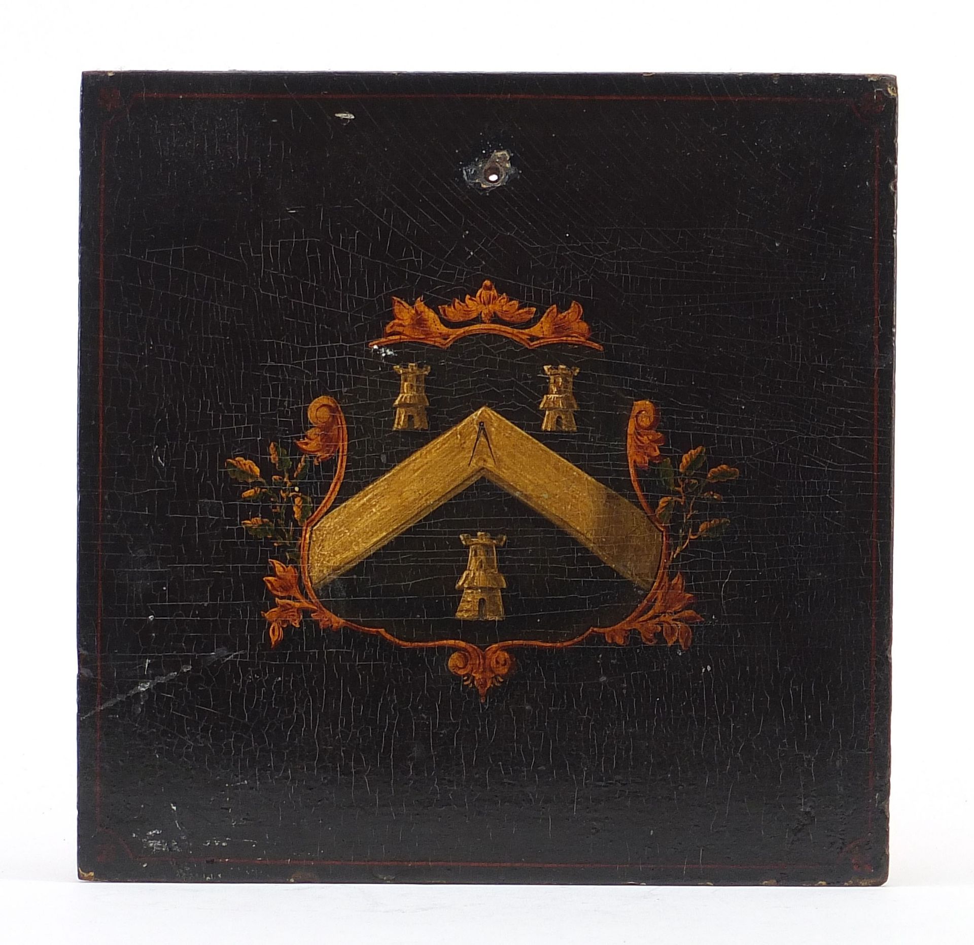 Antique hand painted heraldic carriage panel, 20.5cm x 20.5cm