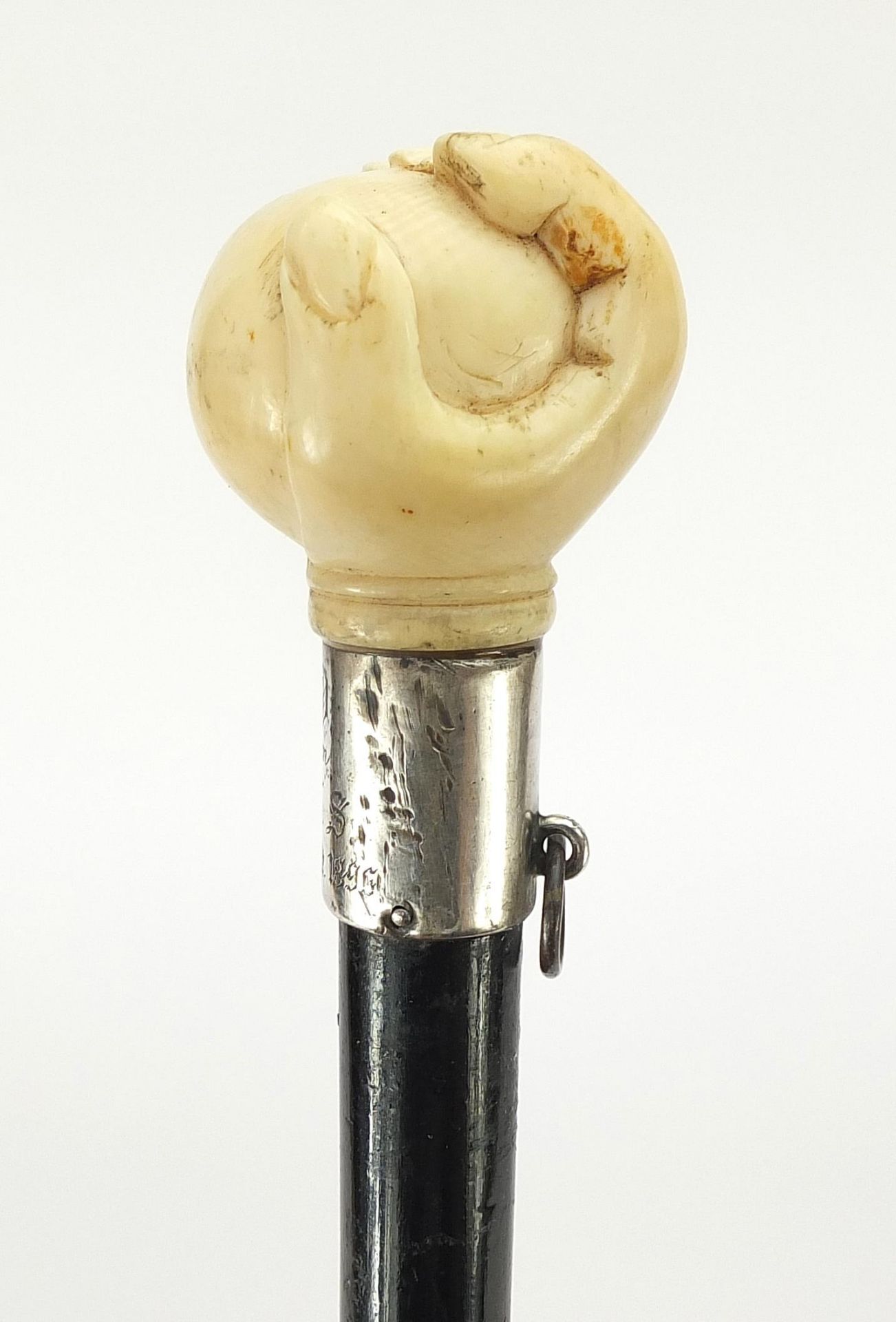 Ebony walking stick with carved silver pommel being in the form of a hand holding a ball, 90cm in