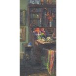 Interior scene with bureau, bookcase and flowers, oil, indistinctly signed, possibly C Woods,