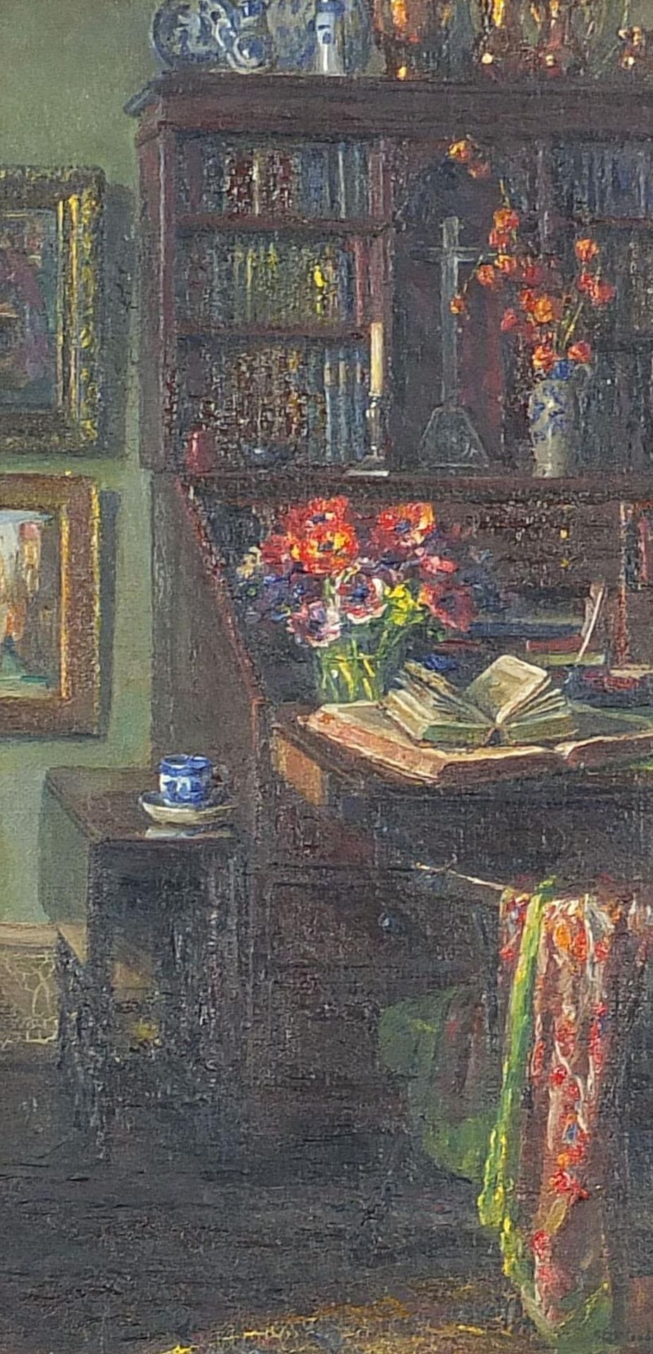 Interior scene with bureau, bookcase and flowers, oil, indistinctly signed, possibly C Woods,