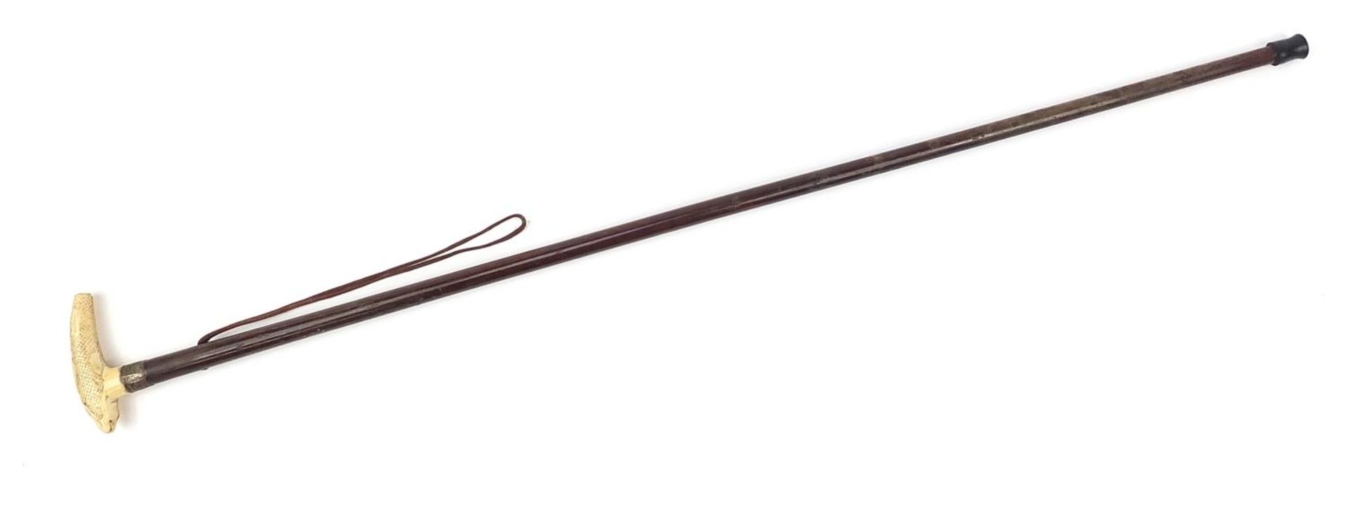 Hardwood walking stick with carved ivory Koi carp handle, 88cm in length - Image 6 of 7