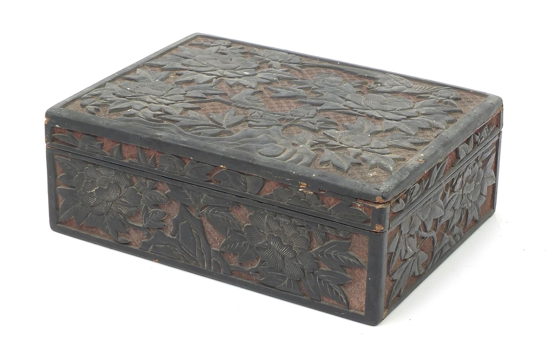 Chinese cinnabar lacquer box and cover carved with birds amongst flowers, 10.5cm H x 29cm W x 21.5cm