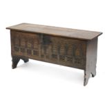 Antique oak ottoman carved with Gothic arches and iron lock, 50cm H x 106cm W x 35cm D