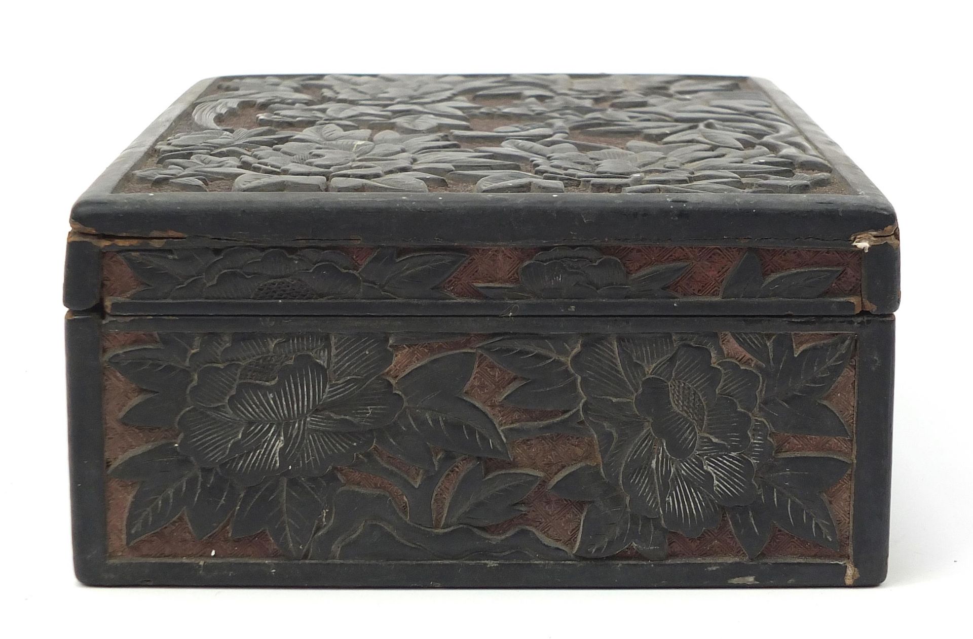 Chinese cinnabar lacquer box and cover carved with birds amongst flowers, 10.5cm H x 29cm W x 21.5cm - Image 6 of 8