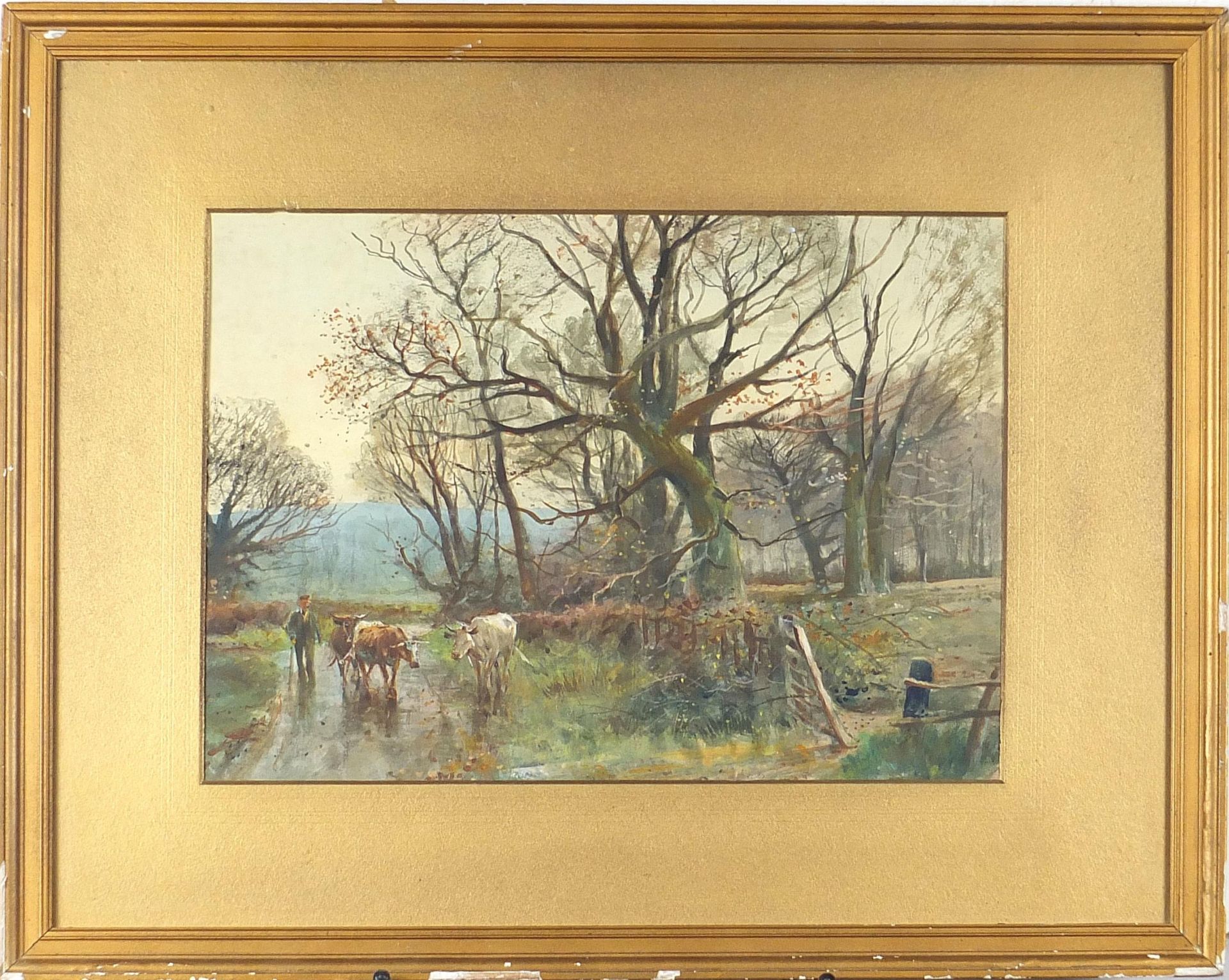 Henry Charles Fox - Figure and cattle before woodland, late 19th/early 20th century watercolour, - Image 2 of 4