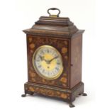 19th century mahogany fusee bracket clock hand painted with flowers, having a silvered chapter