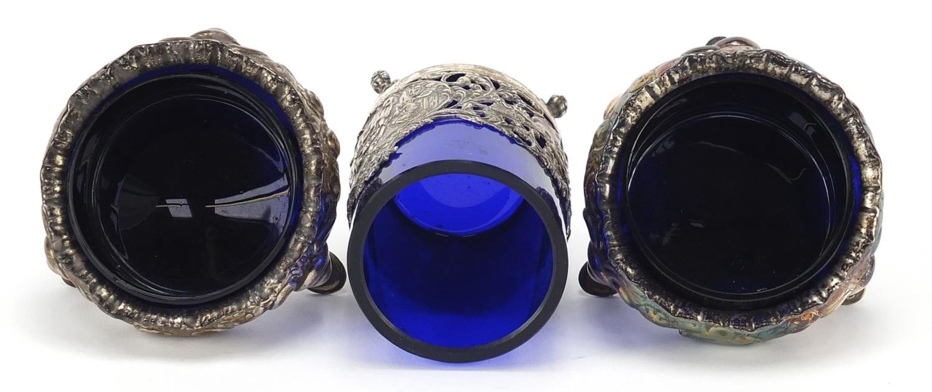 Pair of Victorian silver open salts and one other, each with blue glass liners, the largest 7.5cm - Image 3 of 5