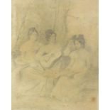 Three females playing instruments, early 19th century pencil drawing, partial C W Jordan label