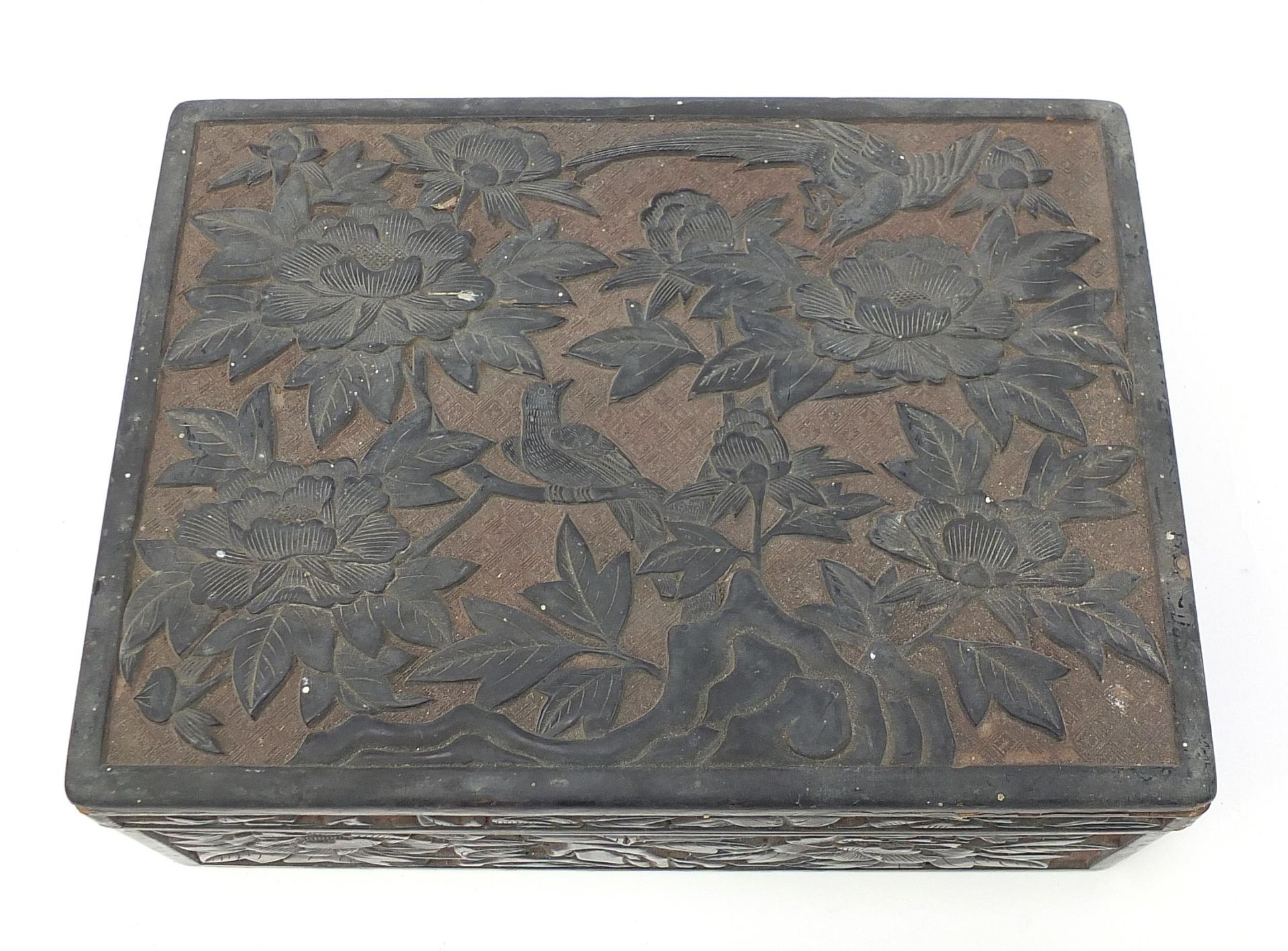 Chinese cinnabar lacquer box and cover carved with birds amongst flowers, 10.5cm H x 29cm W x 21.5cm - Image 3 of 8