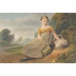 Young girl holding a bonnet and basket before a landscape, 19th century watercolour, mounted, framed