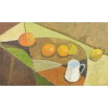 Still life fruit and vessels, Modern British oil on board, unframed, 61cm x 36cm