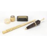Objects including a treen and bone parasol needle case and snuff box, the largest 17.5cm in length