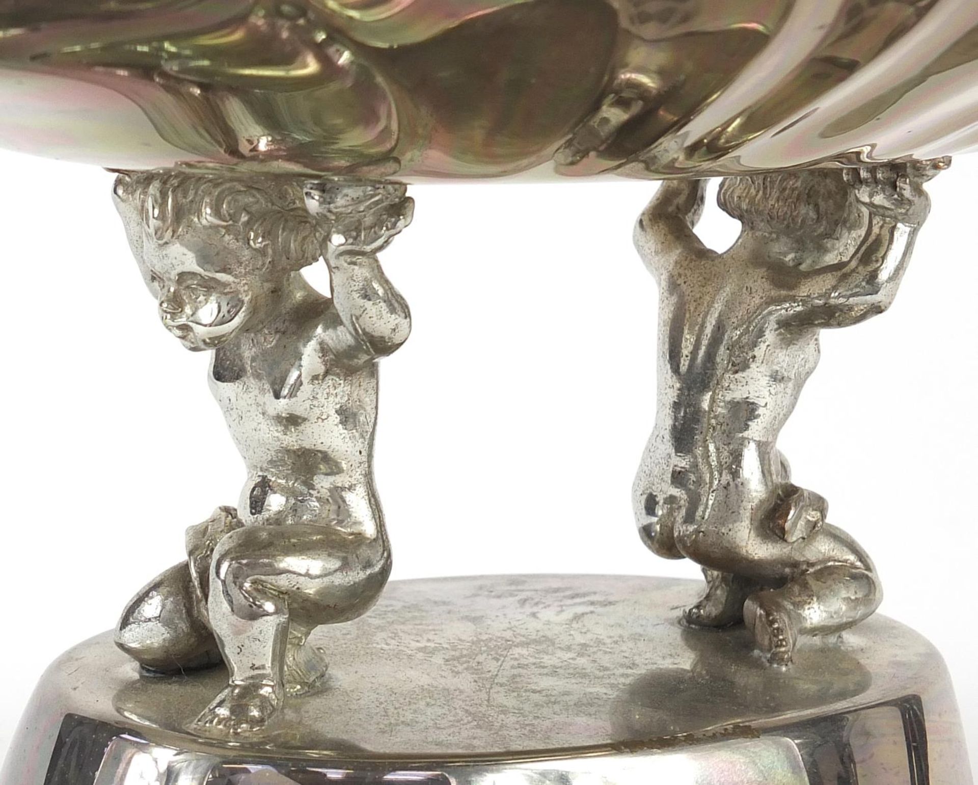 Large silver plated centrepiece with scalloped edges and handles on the end, supported by two - Image 2 of 4
