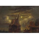 Manner of J M W Turner - Boats on water under a moonlit sky, antique maritime oil, bearing an