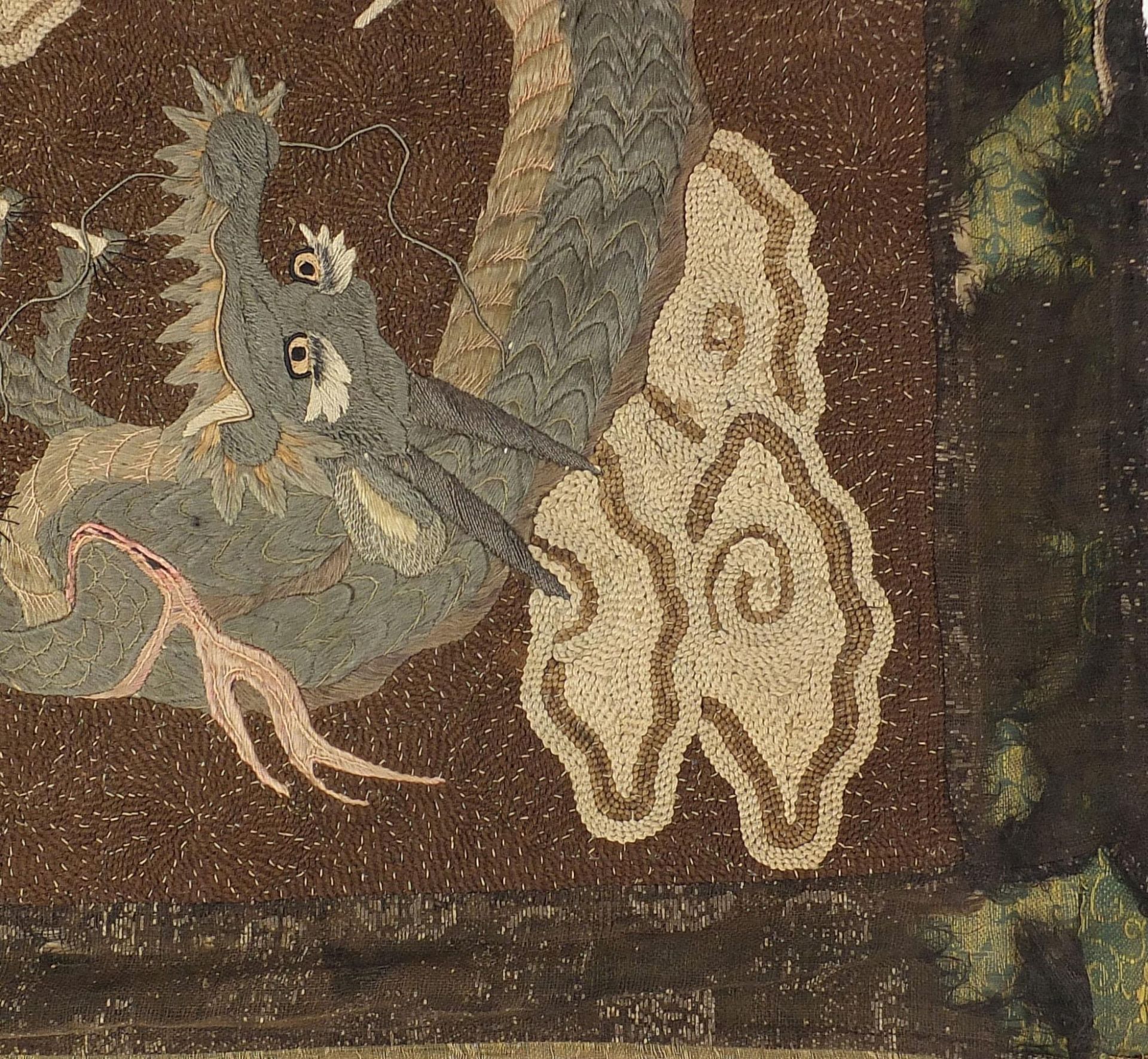 Chinese embroidered wall hanging depicting two three toed dragons amongst clouds, 102cm x 70cm - Image 3 of 4