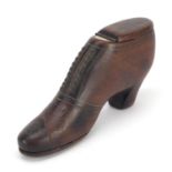 19th century treen stud work snuff box in the form of shoe, dated 1877, 9cm in length