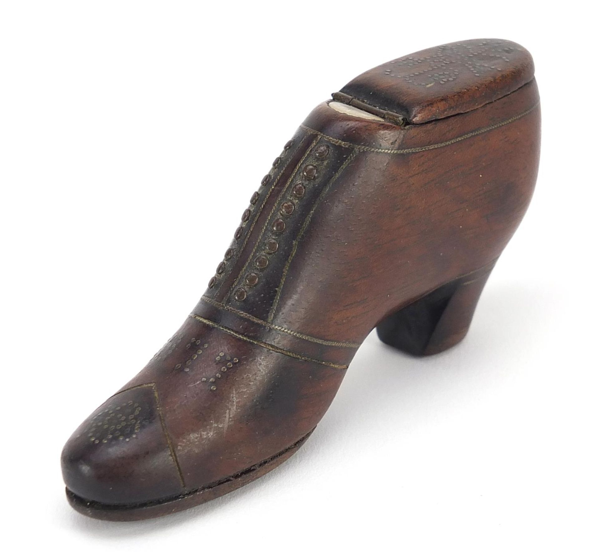 19th century treen stud work snuff box in the form of shoe, dated 1877, 9cm in length