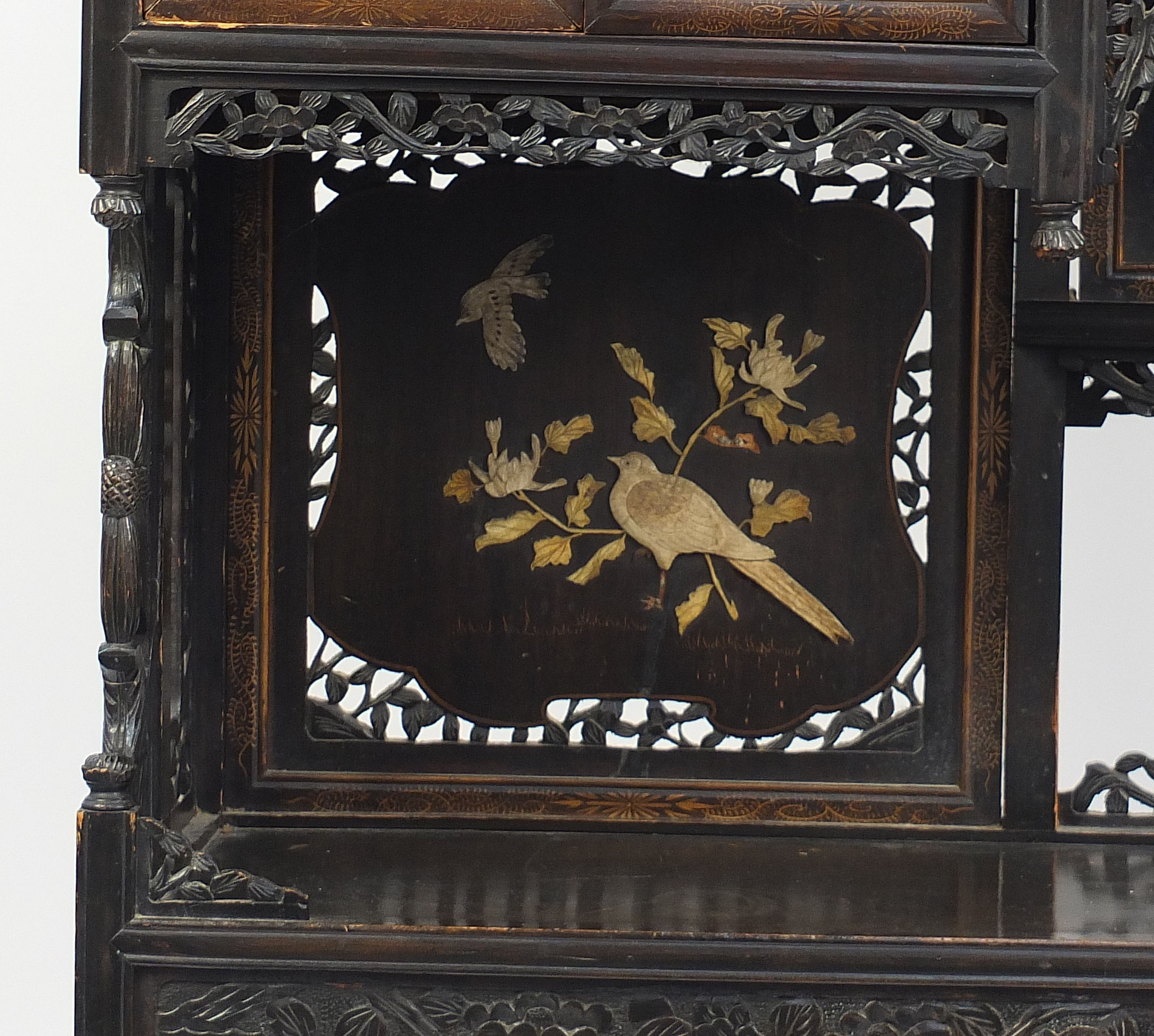 Japanese carved hardwood Shibayama cabinet inlaid with birds amongst flowers and figures, 188cm H - Image 3 of 8