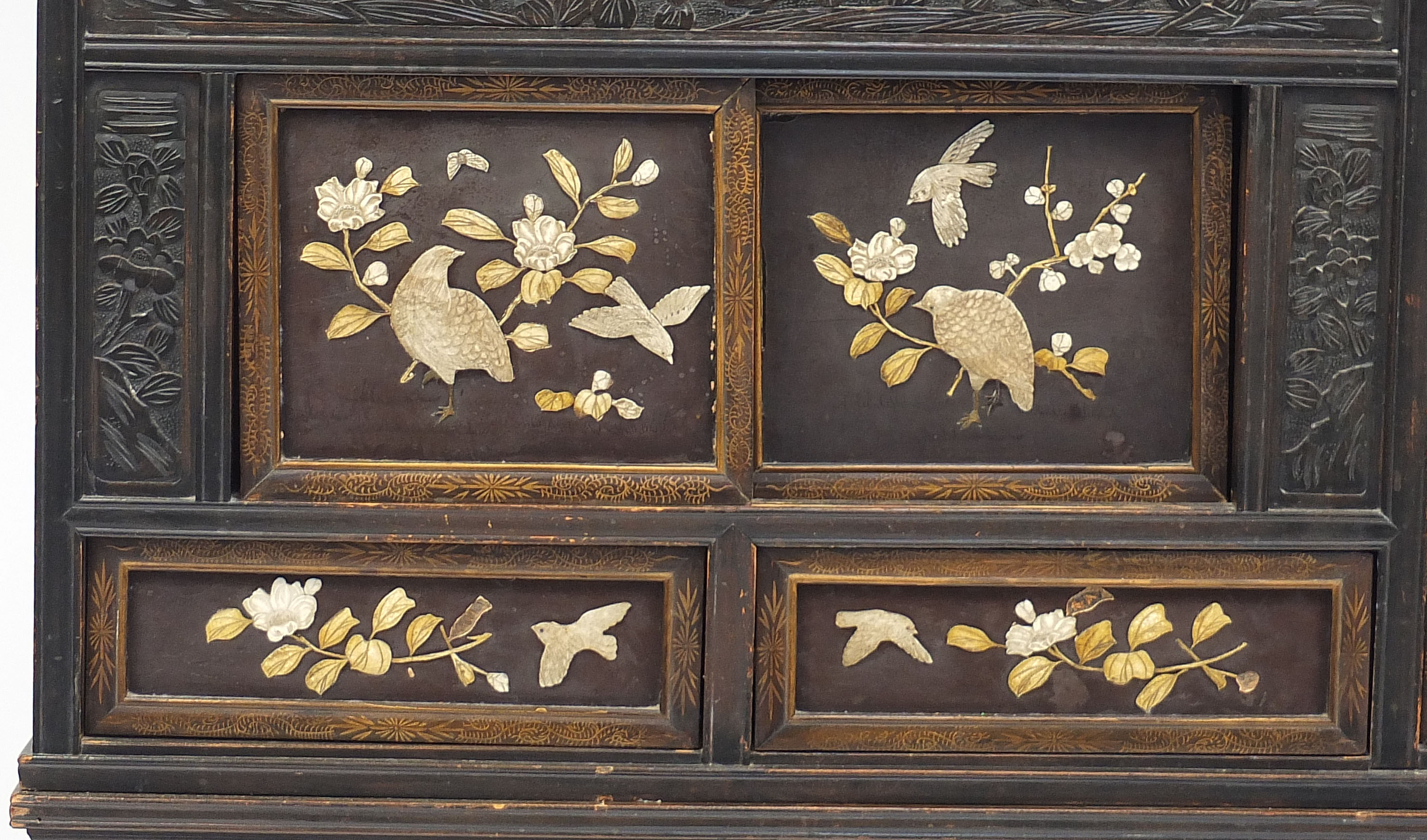 Japanese carved hardwood Shibayama cabinet inlaid with birds amongst flowers and figures, 188cm H - Image 5 of 8